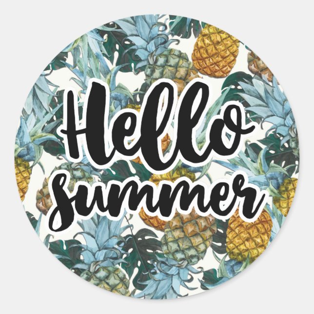 Tropical Pineapples & Leaves Hello Summer Party Classic Round Sticker (Front)