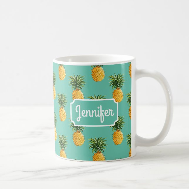 Tropical Pineapples On Teal | Add Your Name Coffee Mug (Right)