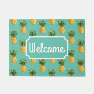 Tropical Pineapples On Teal   Add Your Name Doormat