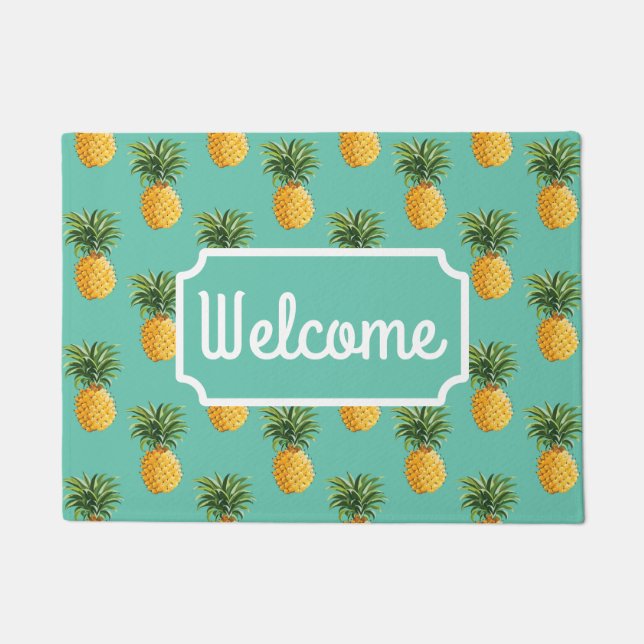 Tropical Pineapples On Teal | Add Your Name Doormat (Front)