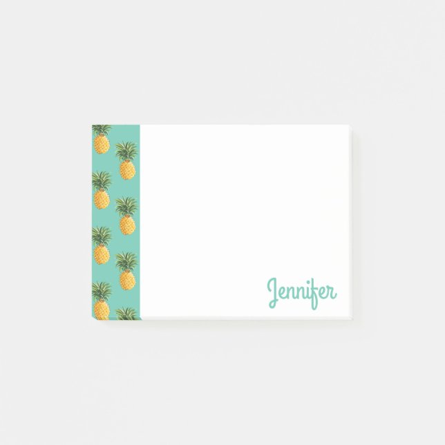 Tropical Pineapples On Teal | Add Your Name Post-it Notes (Front)