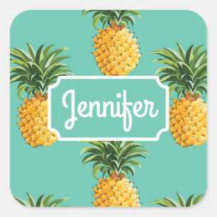 Tropical Pineapples On Teal   Add Your Name Square Sticker