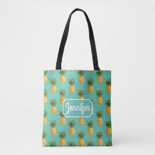 Tropical Pineapples On Teal   Add Your Name Tote Bag