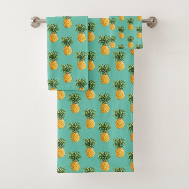 Tropical Pineapples On Teal Bath Towel Set (Insitu)