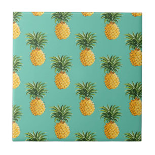 Tropical Pineapples On Teal Ceramic Tile