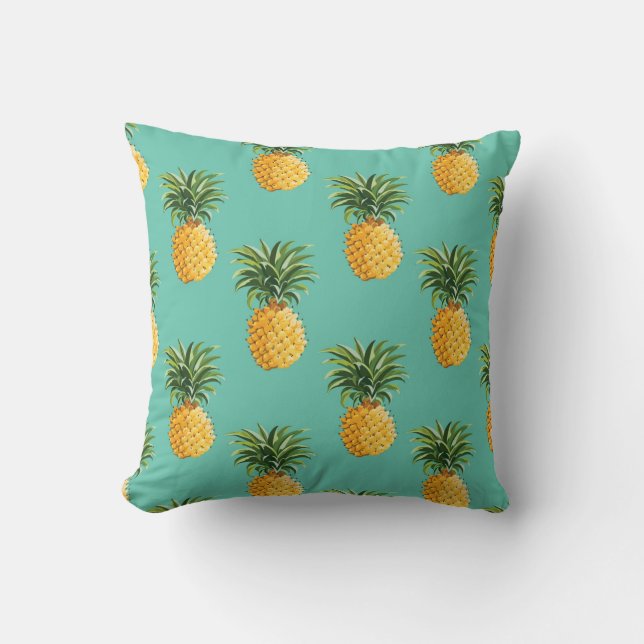 Tropical Pineapples On Teal Cushion (Front)