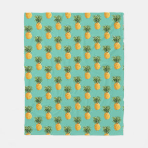 Tropical Pineapples On Teal Fleece Blanket