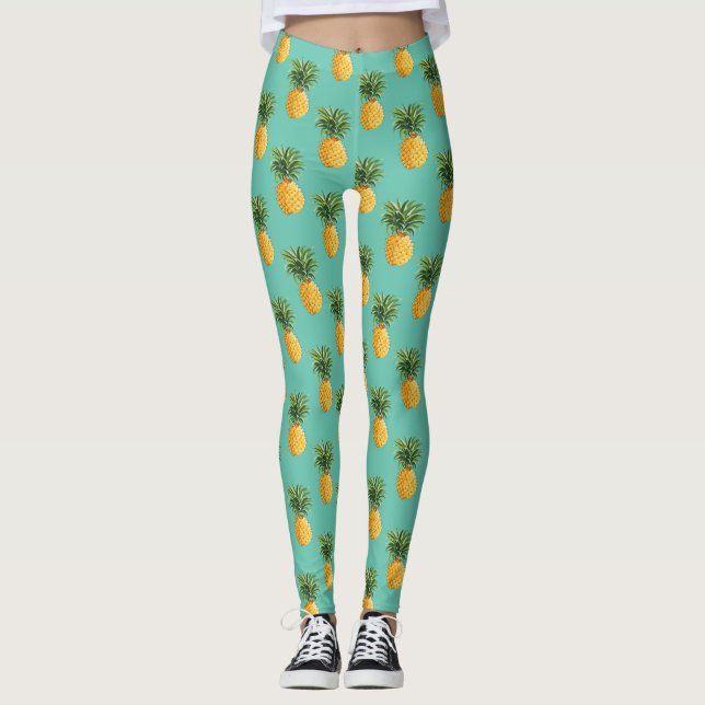 Tropical Pineapples On Teal Leggings (Front)
