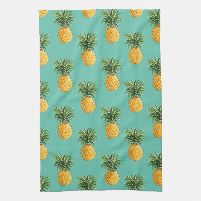 Tropical Pineapples On Teal Tea Towel (Vertical)