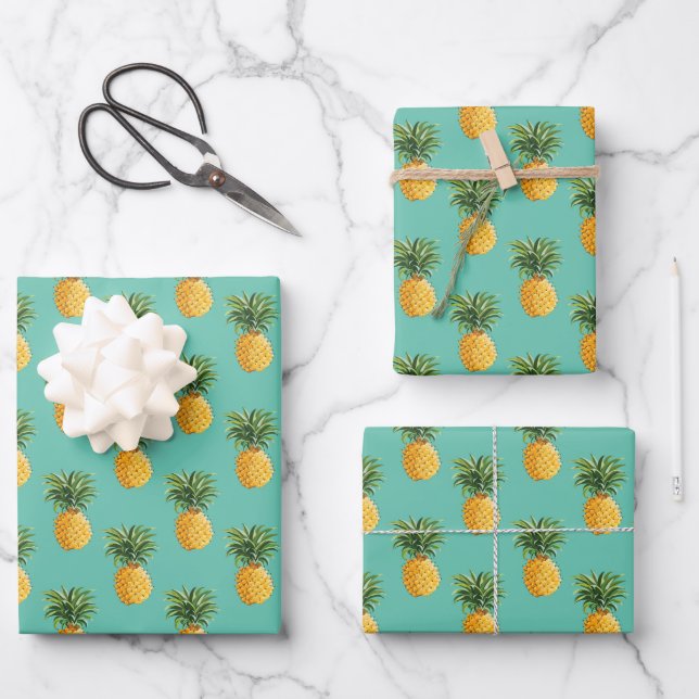 Tropical Pineapples On Teal Wrapping Paper Sheet (Front)