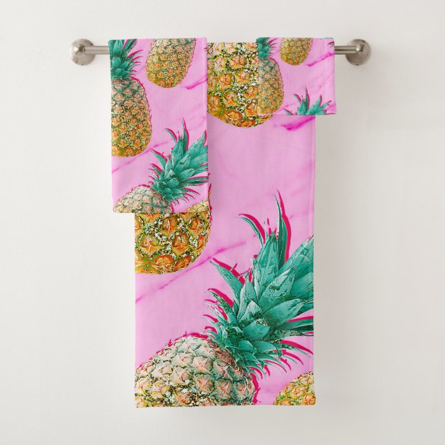 Tropical Pineapples & Pink Marble Modern Colourful Bath Towel Set (Insitu)