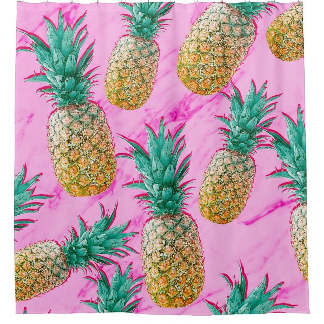 Tropical Pineapples & Pink Marble Modern Colourful Shower Curtain (Front)