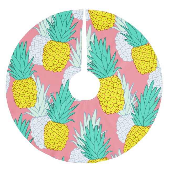Tropical Pineapples: Red Cartoon Chic. Brushed Polyester Tree Skirt (Front)