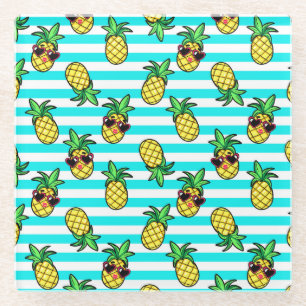 Tropical Pineapples: Retro Sunglasses Pattern. Glass Coaster
