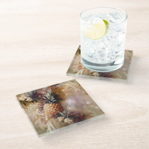 Tropical Pineapples Sparkle Bridal Shower Glass Coaster