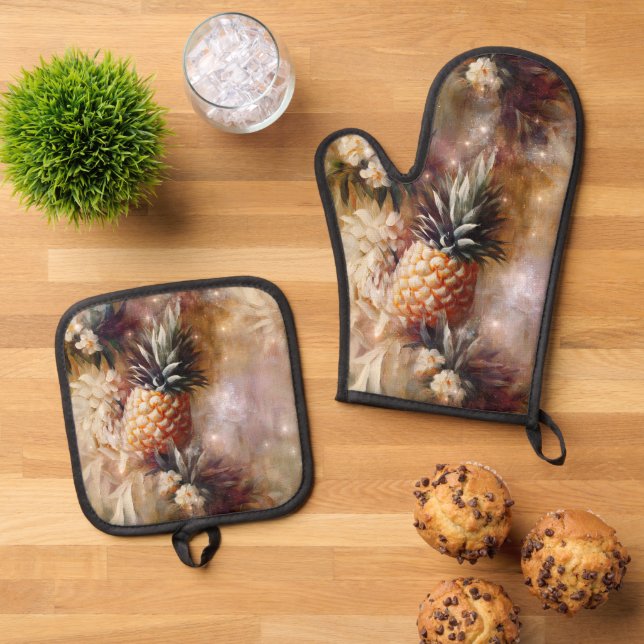 Tropical Pineapples Sparkle Bridal Shower Oven Mitt & Pot Holder Set (Top Down)