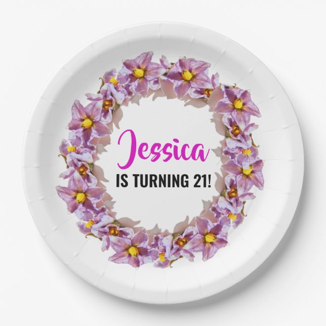 Tropical Pink and Blue 21st Birthday Party Paper Plate (Front)