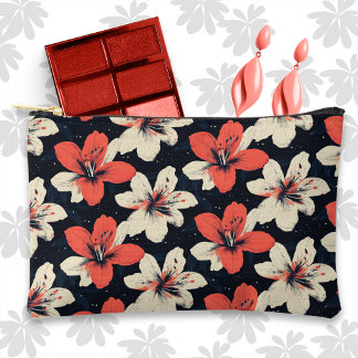 Tropical Pink and Cream on Black Floral Accessory Pouch