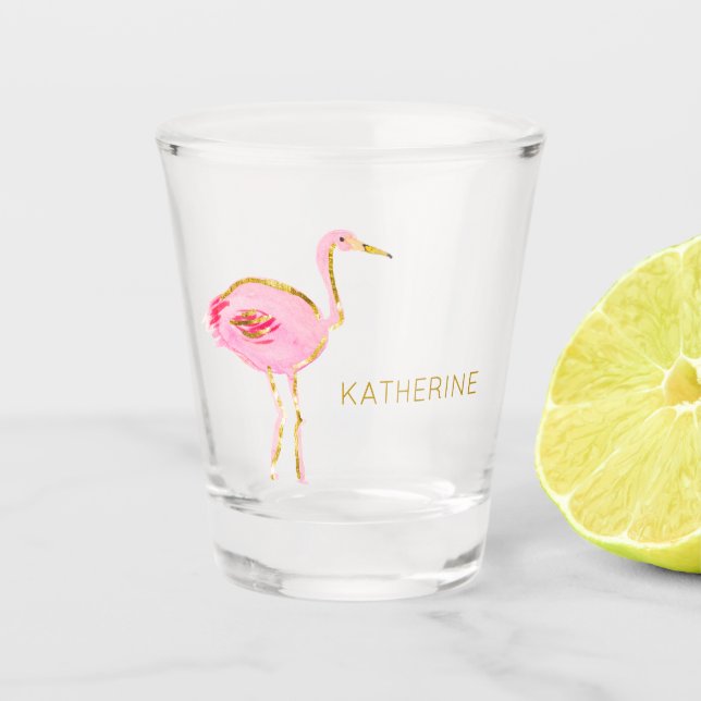 Tropical Pink and Gold Flamingo Personalised Shot Glass (Front)