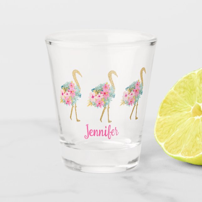 Tropical Pink and Gold Flamingos With Flowers Shot Glass (Front)