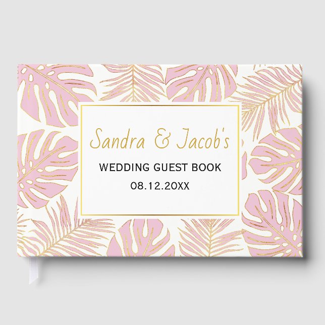Tropical pink and gold leaves modern wedding guest book (Front)