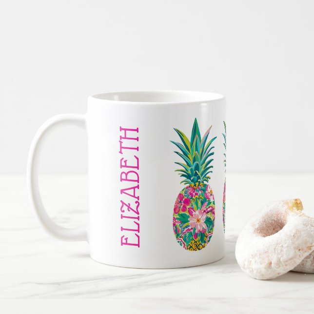 Tropical Pink and Green Floral Pineapple Coffee Mug (With Donut)