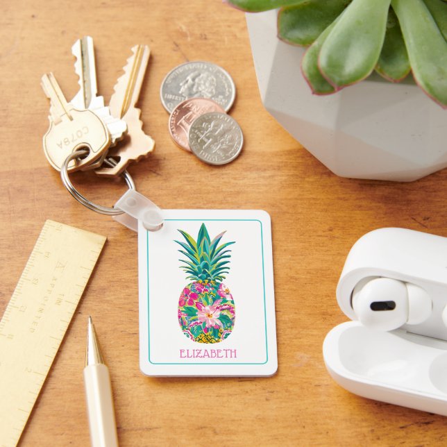 Tropical Pink and Green Floral Pineapple Key Ring (Desk)