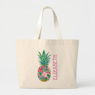 Tropical Pink and Green Floral Pineapple Large Tote Bag