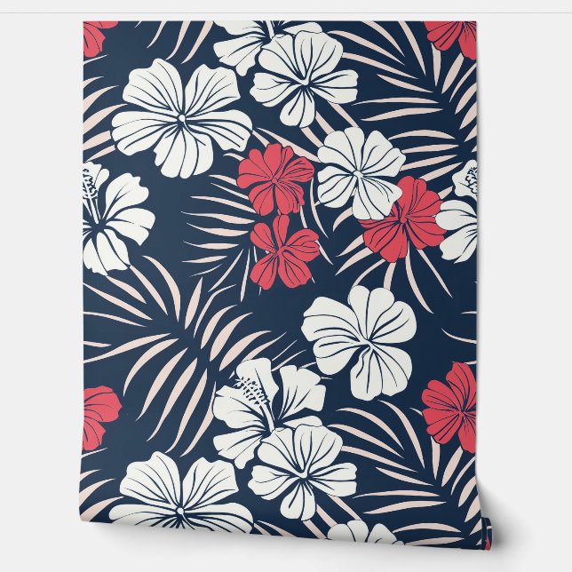 Tropical Pink and Navy Floral Wallpaper (Unrolling)