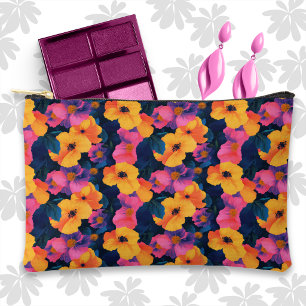 Tropical Pink and Orange Floral on Dark Blue Accessory Pouch