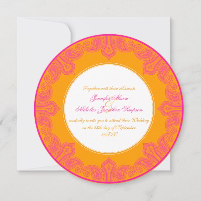 Tropical Pink and Orange Paisley Mandala Wedding Invitation (Front)