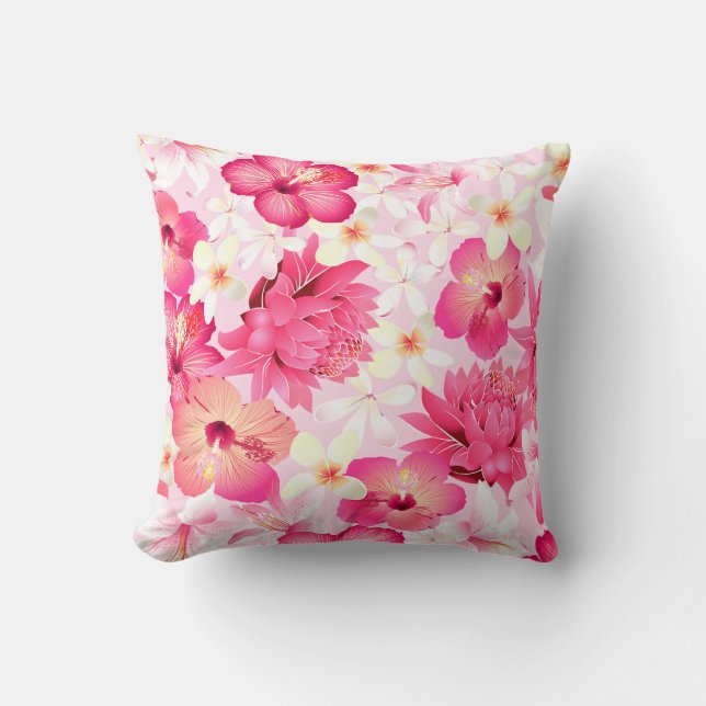 Tropical pink and white flowers cushion (Front)