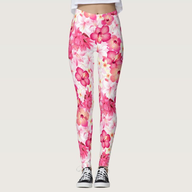 Tropical pink and white flowers leggings (Front)