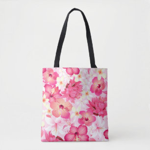 Tropical pink and white flowers tote bag