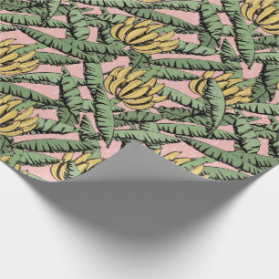 Tropical Pink and Yellow Banana and Leaves Pattern Wrapping Paper
