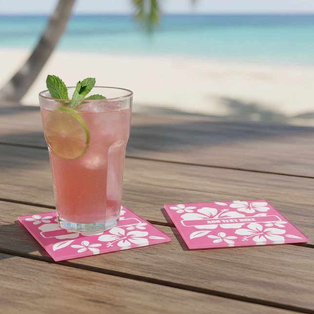 Tropical Pink Beach Flowers Glass Coaster (frosted glass pink beach coasters)
