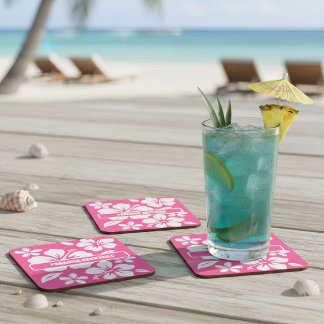 Tropical Pink Beach Flowers Square Paper Coaster