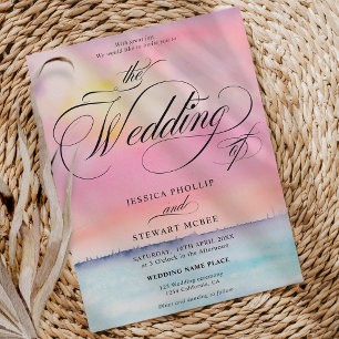 Tropical pink beach sunset calligraphy wedding invitation