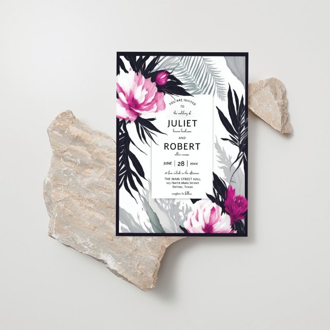 Tropical Pink Black Flowers Palm Leaf Wedding Invitation (Creator Uploaded)