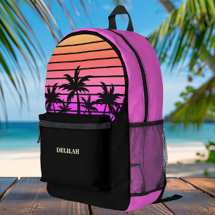 Tropical Pink Black Palm Trees Custom Beach Printed Backpack