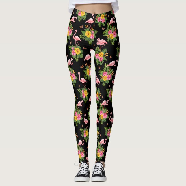 Tropical Pink Black Watercolor Flamingo Pattern Leggings (Front)