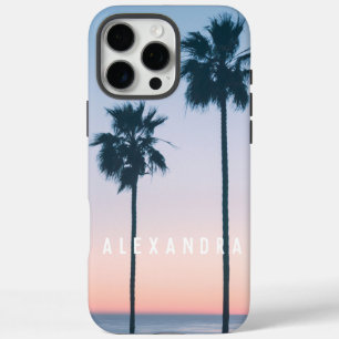 Tropical Pink Blue Palm Tree Sunset Custom iPhone 16 Pro Max Case
