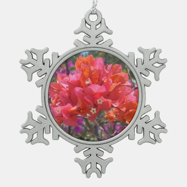 Tropical Pink Bougainvillea Island Floral Snowflake Pewter Christmas Ornament (Front)