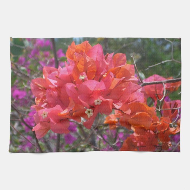 Tropical Pink Bougainvillea Island Floral Tea Towel (Horizontal)