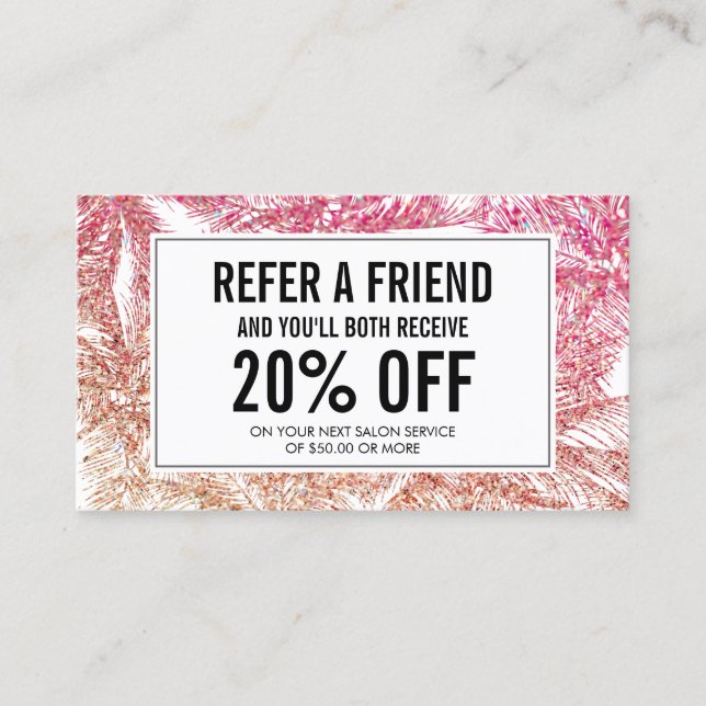Tropical Pink/Bronze Glitter Palms Referral Card (Front)