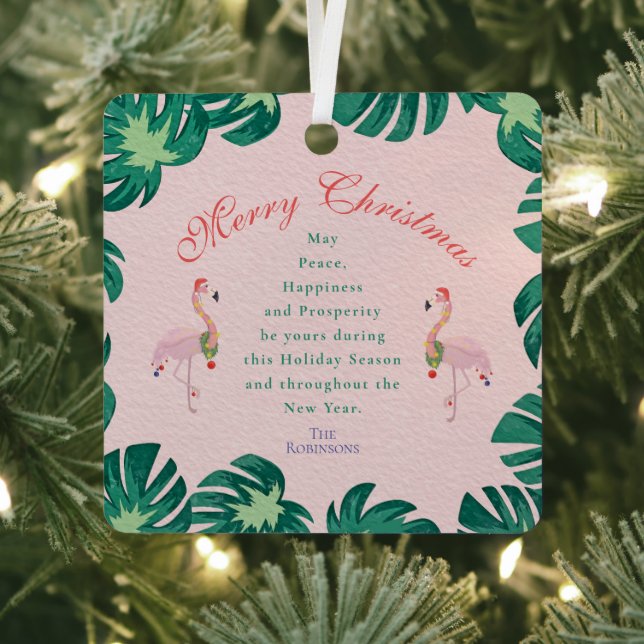 Tropical Pink Christmas Flamingo Santa Hat Baubles Metal Tree Decoration (Insitu)