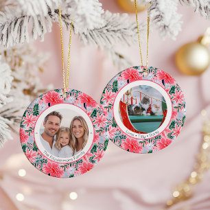 Tropical Pink Christmas Floral 2 Family Photos Ceramic Ornament
