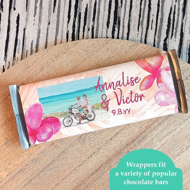 Tropical Pink Custom Wedding Candy Bar Wrapper (pink tropical wedding candy wrappers personalized chocolate bar labels, pink coral plumeria flowers)