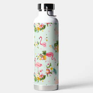 Tropical Pink Flamingo and Floral Pattern Water Bottle