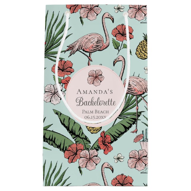 Tropical Pink Flamingo and Hibiscus Bachelorette Small Gift Bag (Front)